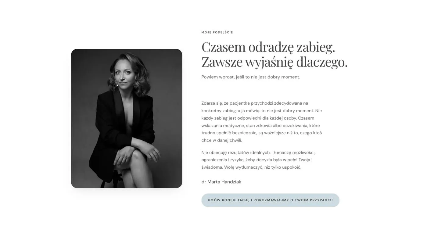 The “My approach” section. A black-and-white portrait of the surgeon on the left. On the right, the heading “Sometimes I will advise against surgery. I will always explain why.” in Polish, two paragraphs on when surgery is not the right call, and a button to book a consultation.
