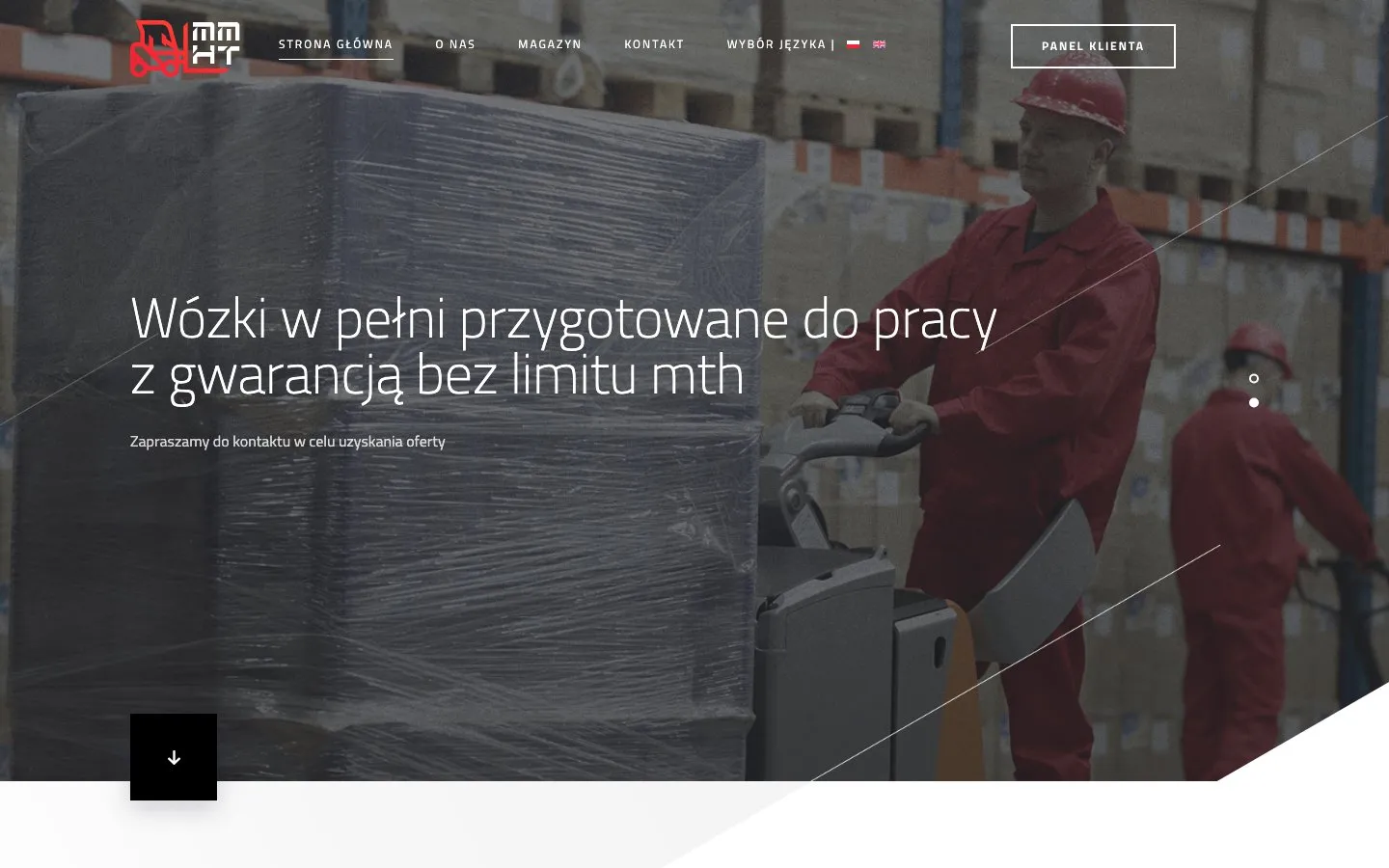 The old mmht.pl opened over plain HTTP. A full-screen photo of a worker with a pallet truck, a headline about trucks fully prepared for work with an unlimited-hours warranty, a menu with a language switch and a "Client panel" button. The first screen shows no phone number and no mention of rental.