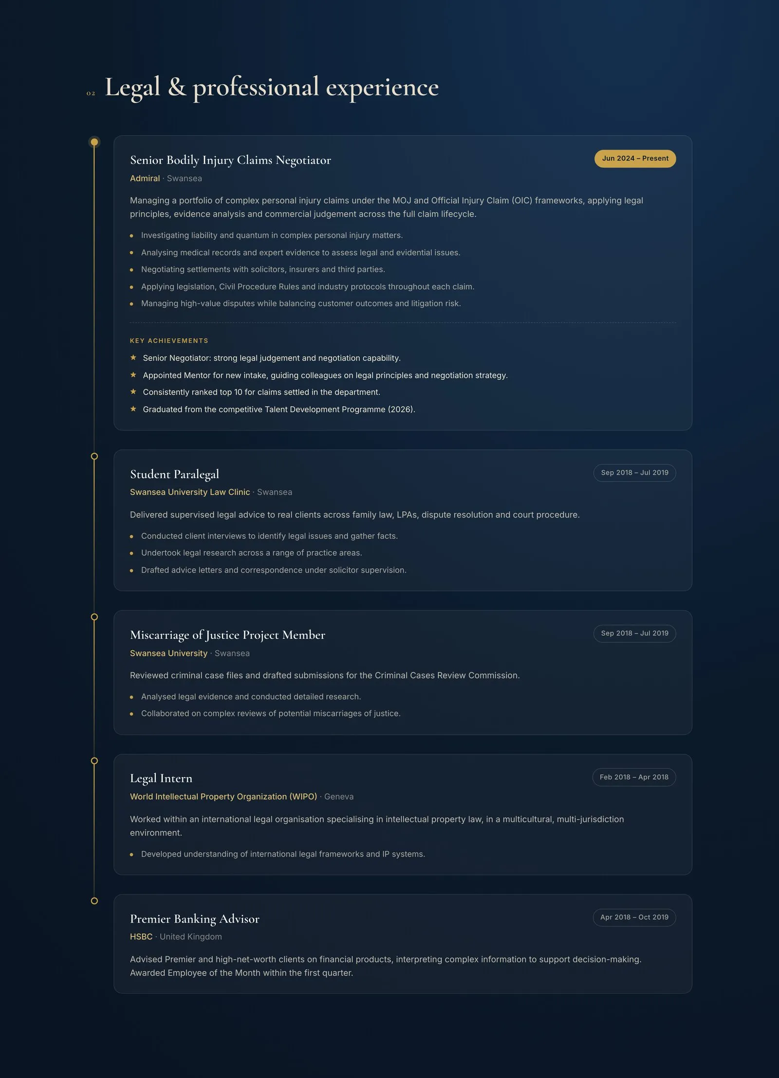 The experience section: a timeline with key achievements set apart from day-to-day responsibilities