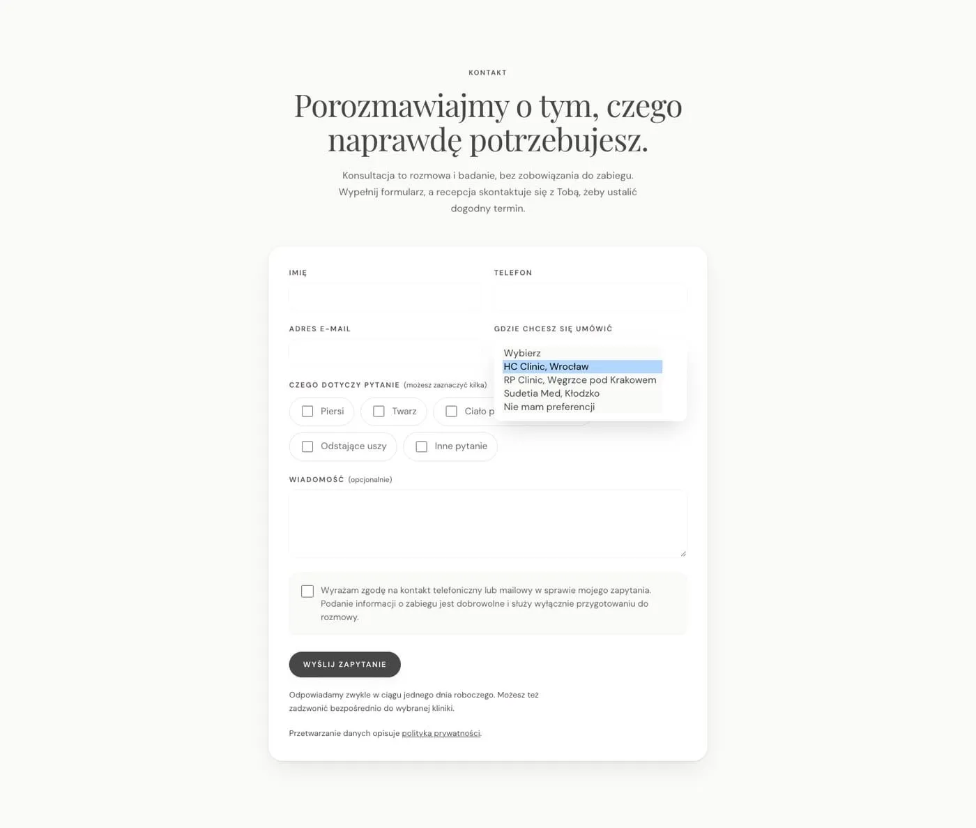 The contact form with the clinic dropdown open, showing four options: HC Clinic in Wrocław, RP Clinic in Węgrzce near Kraków, Sudetia Med in Kłodzko, and “No preference”. Below are topic checkboxes, the message field and the consent checkbox.