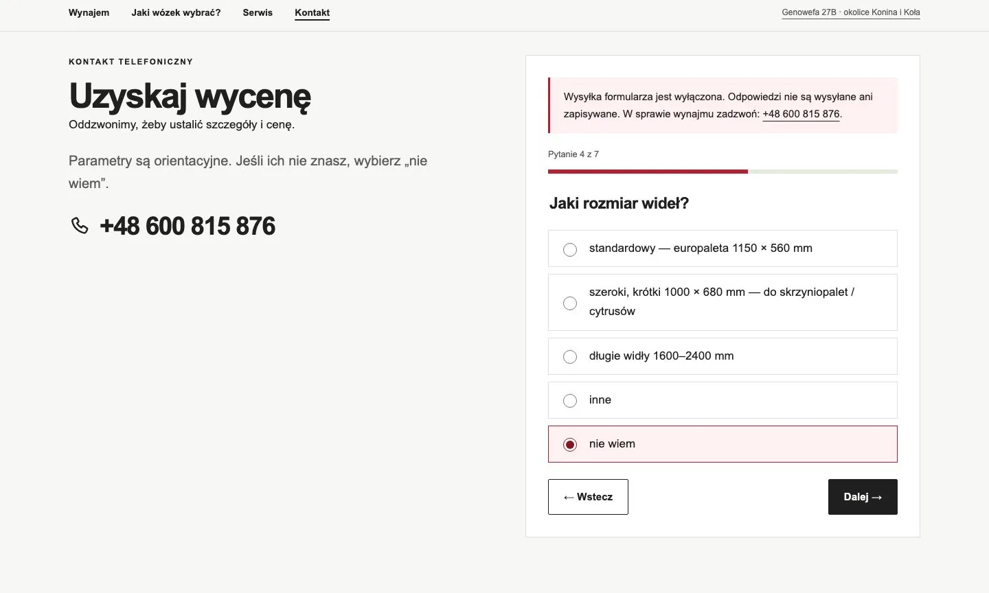 The form on the contact page, question 4 of 7: "What fork size?". Five answers from a standard euro pallet 1150 × 560 mm to long forks, with "I don't know" selected and Back and Next buttons. Above the form, a notice that submission is switched off, next to the phone number.