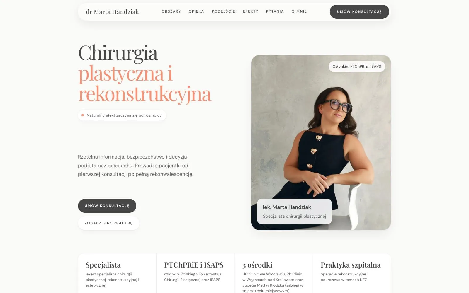 The top of the site on a wide screen. On the left, the heading “Plastic and reconstructive surgery” in Polish, a short introduction and two buttons. On the right, a portrait of the surgeon captioned with her name and specialty. Below, four short facts about her qualifications and clinics.