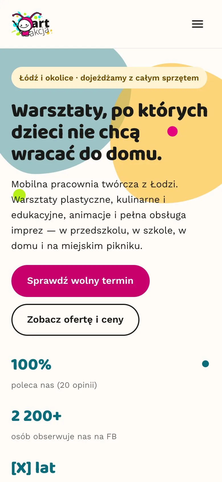 The first screen on a phone. Logo and menu button, the service area badge, the headline, the intro, two stacked buttons and the figures 100% and 2,200+ over blobs in the logo colours.