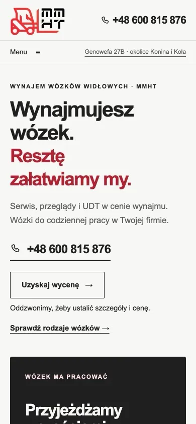 The first screen on a 390 px wide phone. The header shows the logo and +48 600 815 876, followed by the headline, a line about servicing included in the rental, the large phone number, a "Get a quote" button and the start of the service tile.