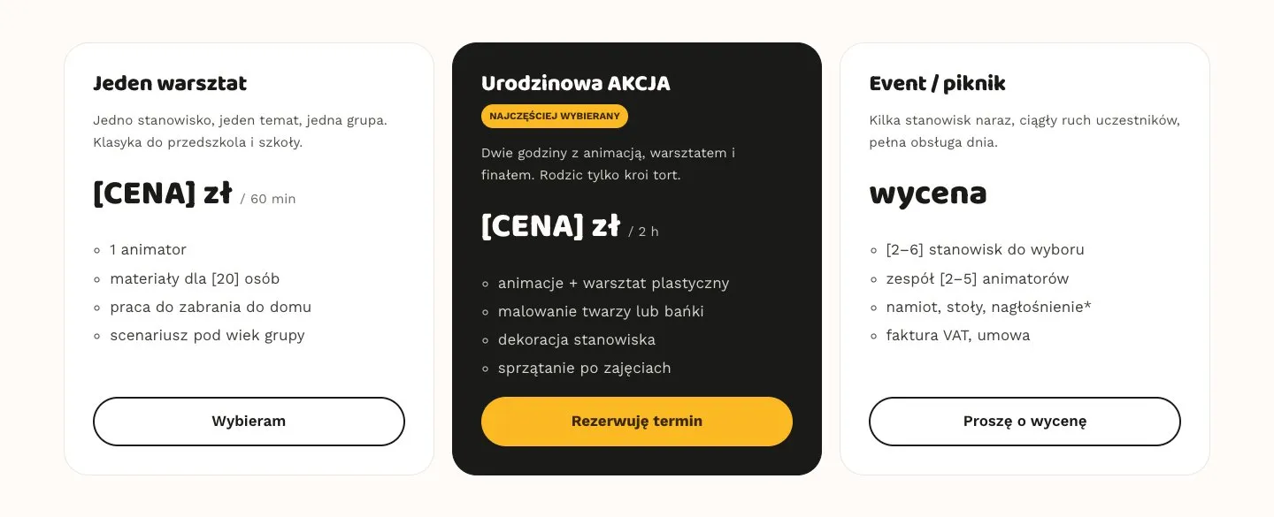The three packages on the offer page: "Single workshop", the highlighted "Birthday AKCJA" on a dark background with a "Most popular" label, and "Event / picnic". Prices are still "[CENA] zł" placeholders, with lists of what each package includes and a button under each.