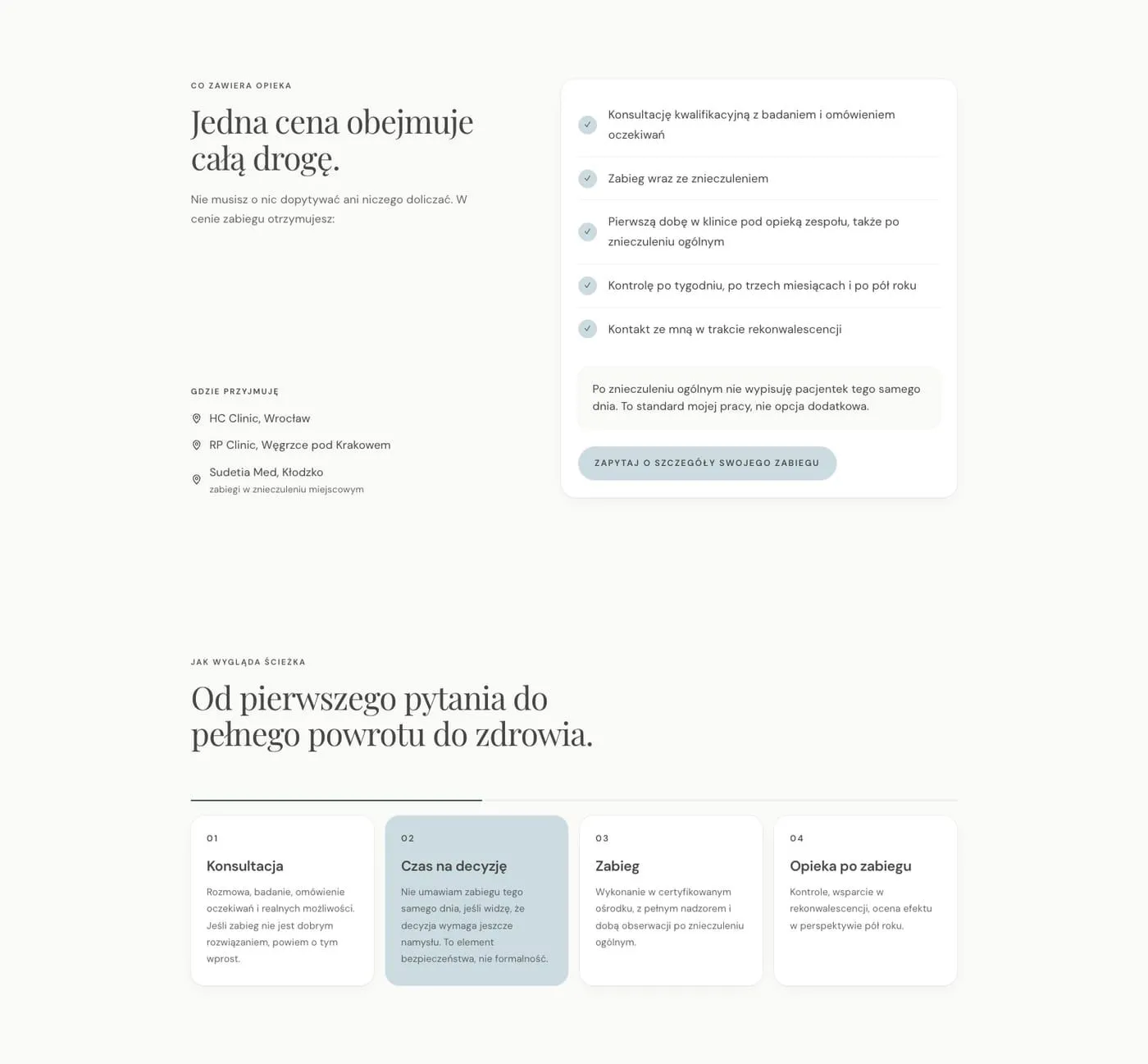 Two sections, one above the other. The upper one, “One price covers the whole journey”, lists five things included in the price next to the three clinics. The lower one shows four steps: consultation, time to decide, surgery, aftercare.
