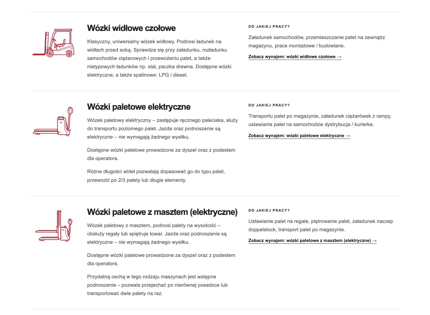 The page "Task first. Then the truck." with the first three truck types. Each has a red line icon of the machine, a few sentences of description, a "What work is it for?" column with example uses, and a link to rental of that type.